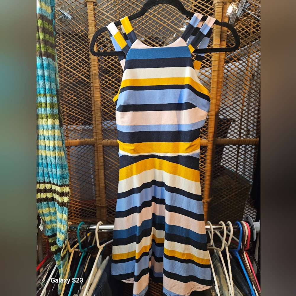 Iz Byer Strapless Dress with Blue and Yellow Stripes